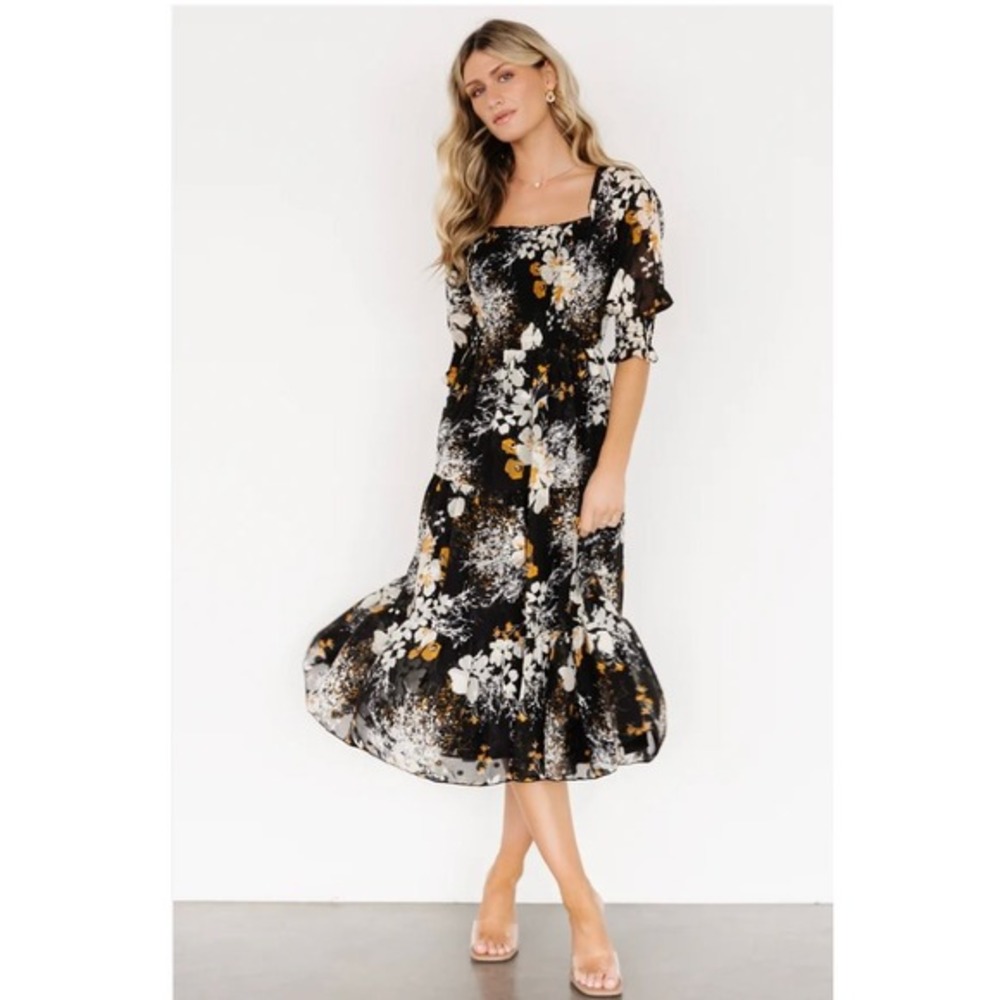Baltic Born Fabian Jacquard‎ Midi Dress in Black Floral